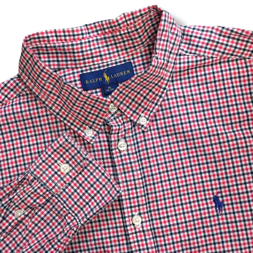 Ralph Lauren Button Down Boy Youth XL 18-20 Red Black Gingham Plaid Preppy Shirt